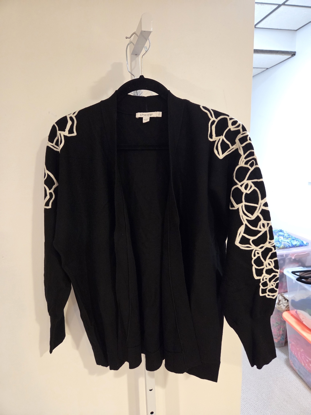 Chico's Black Open Cardigan with White Floral Stitching